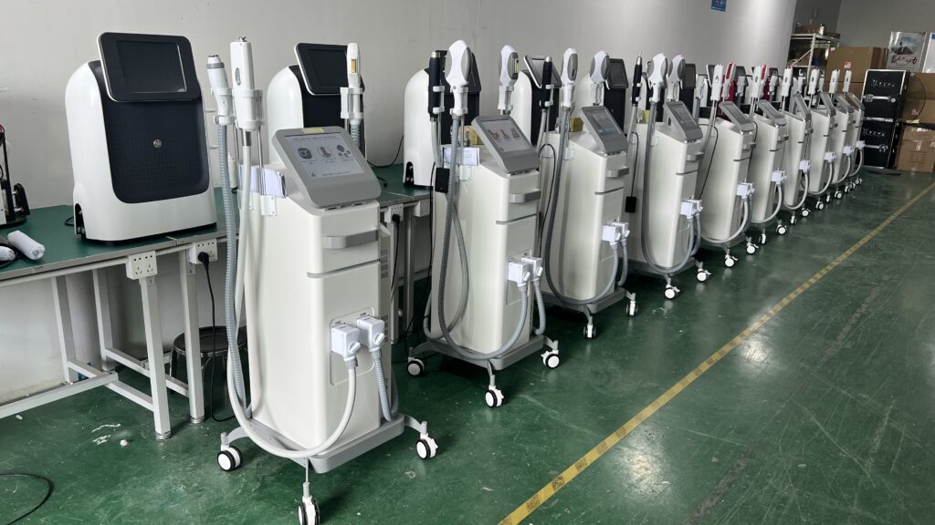There are two rows of pico laser machines in the factory.
